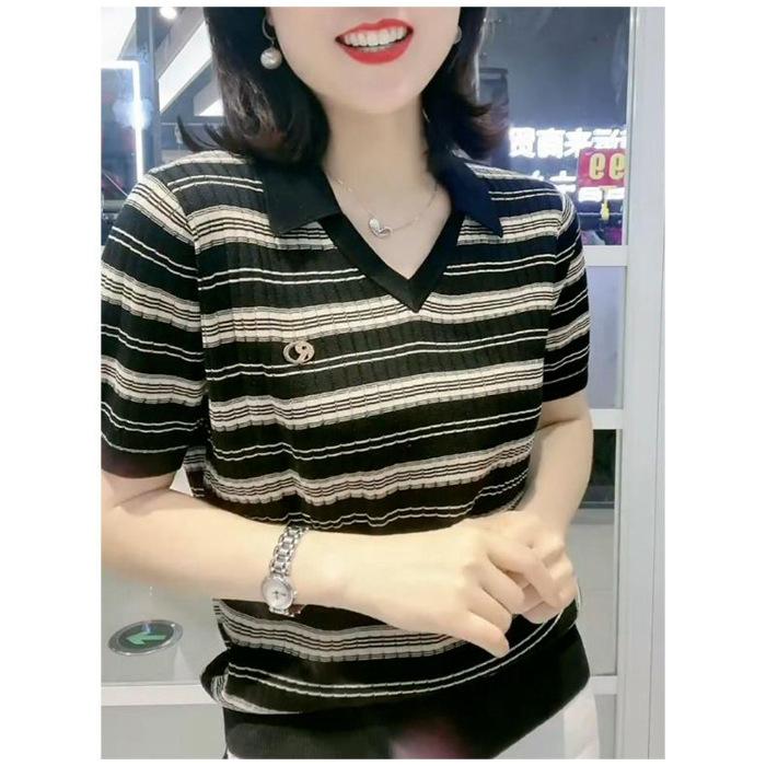 Футболка с короткими рукавами для женщин, новые популярные летние повседневные универсальные топы для мам, модная полосатая рубашка-поло, замедляющая старение