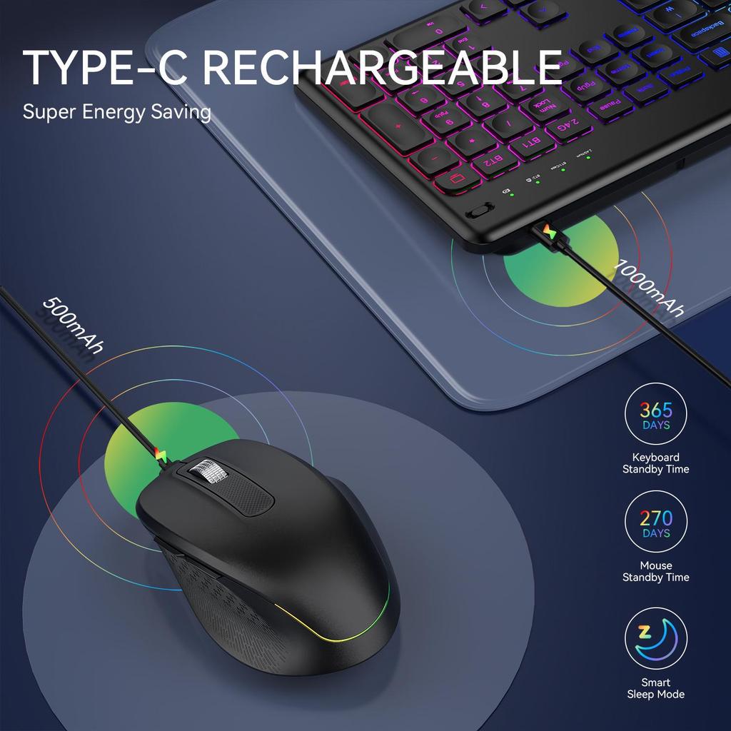 JOMAA RGB-подсветка, Беспроводной бесшумный комплект клавиатуры и мыши, Перезаряжаемый, для офисного использования.
