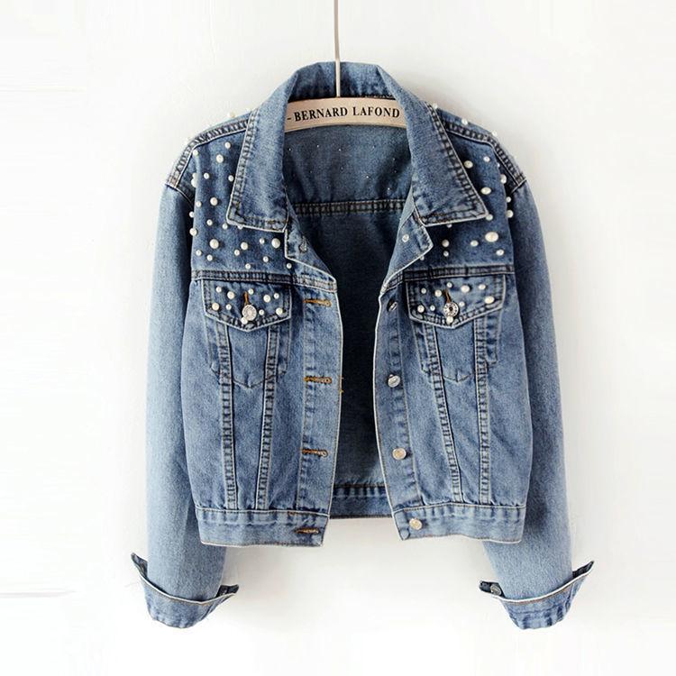 Women's Plus Size Studded Rhinestone Denim Jacket with Pearl Beading