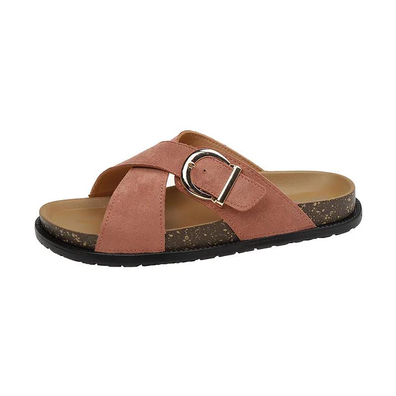Fashion Retro Cross Band Flat Sandals for Women Buckle Decor Thick Sole Platform Slippers Woman 2025 Summer Comfort Non Slip Beach Shoes