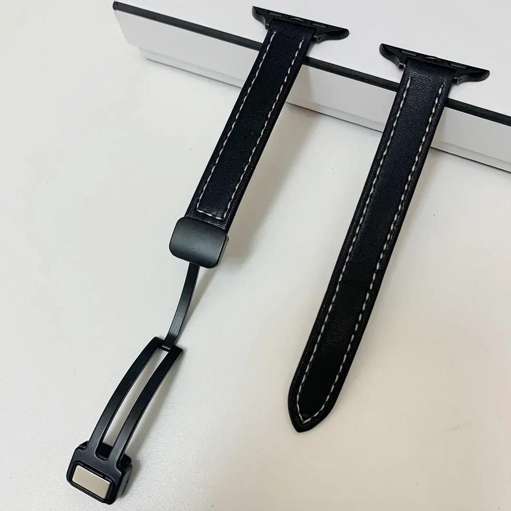 Magnetic Buckle Strap For Apple Watch 10 42/46mm SE 44 40mm 9 8 7 41 45mm Folding Slim Leather Bracelet iWatch Series 10 8 7 6 5