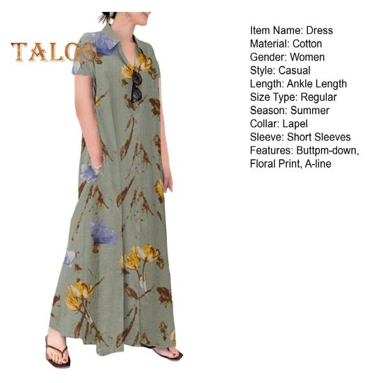 Женское летнее платье трапециевидной формы с лацканами, свободная рубашка с цветочным принтом, с короткими рукавами на пуговицах и боковыми карманами, длинное платье до щиколотки