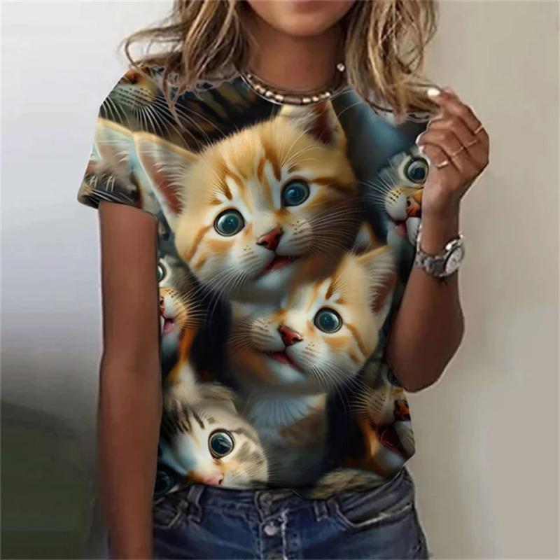 Модная женская футболка с 3D принтом Kawaii Cat Pattern, топ с короткими рукавами и круглым вырезом, летняя уличная повседневная уличная простая одежда