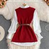 3Pcs/Set Women Shirt Vest Set Lapel Lantern Long Sleeve Single Breasted Shirt O-neck Side Slit Knitting Vest Set with Belt