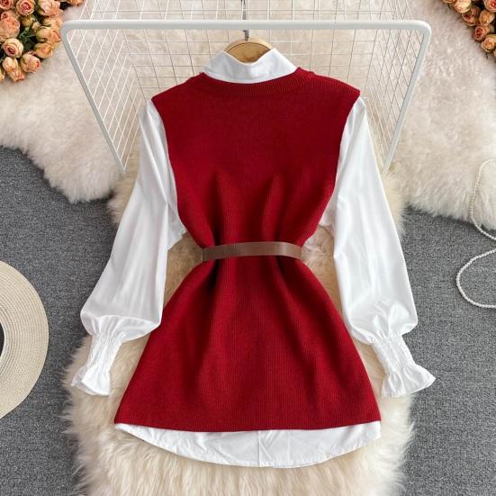 3Pcs/Set Women Shirt Vest Set Lapel Lantern Long Sleeve Single Breasted Shirt O-neck Side Slit Knitting Vest Set with Belt