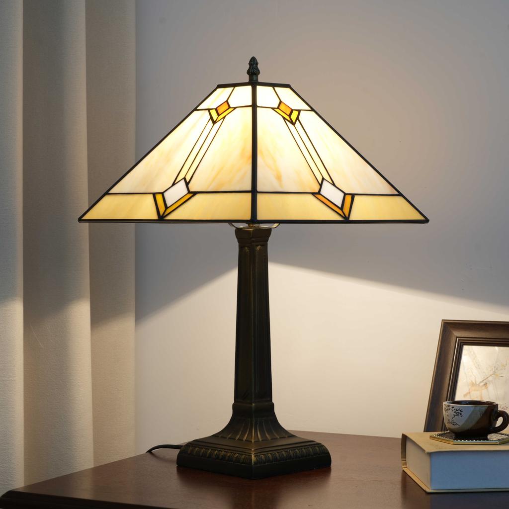 Retro Lamp Stained Glass Table Lamp Amber Brown Mission Style Desk Lamp Decor for Bedrooms Living Room Study Home Office
