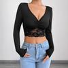 Women's Deep V-Neck Long Sleeve Lace Patchwork Pleated Short T-Shirt