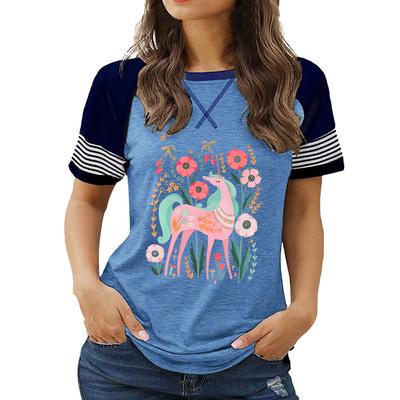 Новые поступления женской одежды больших размеров: Топ с круглым вырезом и короткими рукавами с цветочным принтом на лето