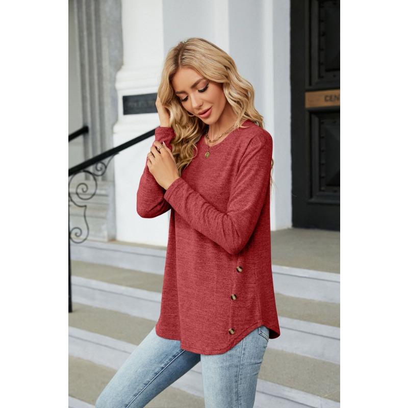 YYFS Women's Fashion Casual Spring Fall Solid Color Print Long Sleeve O-Neck Blouses & Shirts
