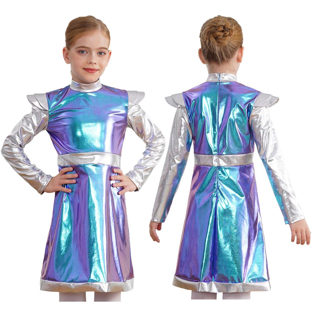 Костюм Космическая Милашка для Девочки: Мерцающее Пэчворк-платье с инопланетным дизайном из ПУ для Хэллоуина и Sci-Fi Ролевых Вечеринок