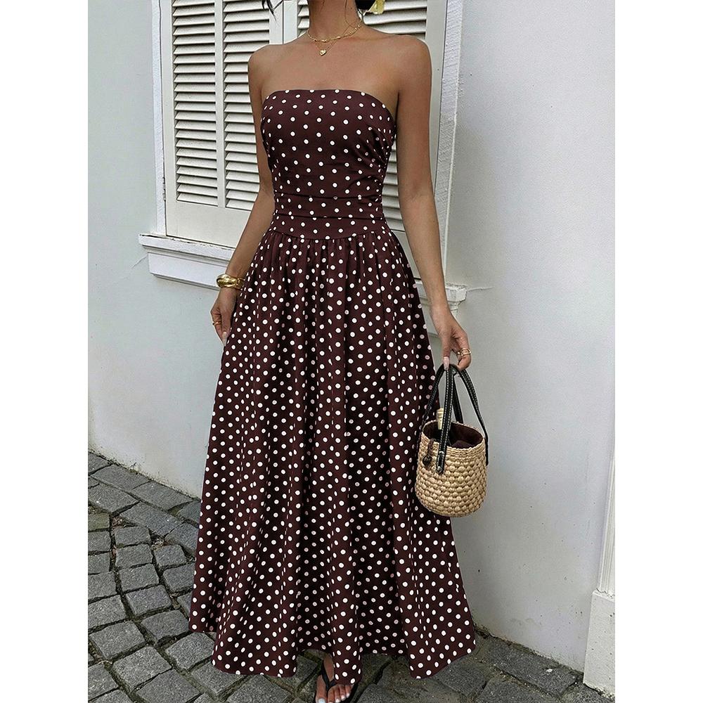 Womens Polka Dots Strapless Summer Dresses, Elastic Back Smocked Beach Vacation Outfits Vintage Elegant Maxi Dress