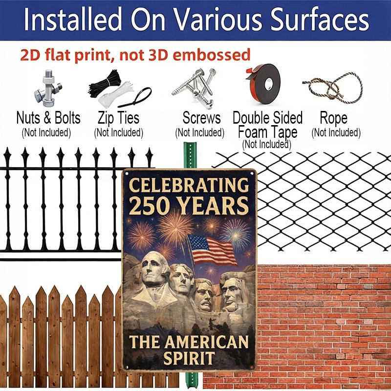 2D Flat Decoration Aluminum Sign 7.87*11.8 Inch Plaque Celebrate America 250th Anniversary Vintage- Patriotic Mount Rushmore with Flag and Fireworks