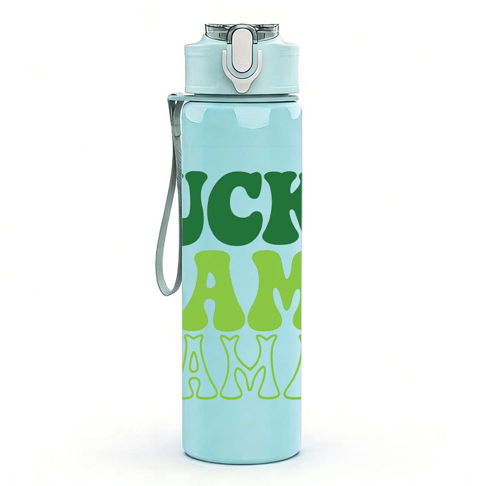 1PC Lucky Mama Green Letter Print 750ml Color Plastic Sports Water Bottle Leakproof Flip Straw Lid Suitable for Sports Office Home Use