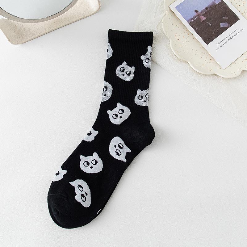 Women's Mid-Tube Cotton Socks - Black & White Japanese Embroidered Design for Autumn/Winter
