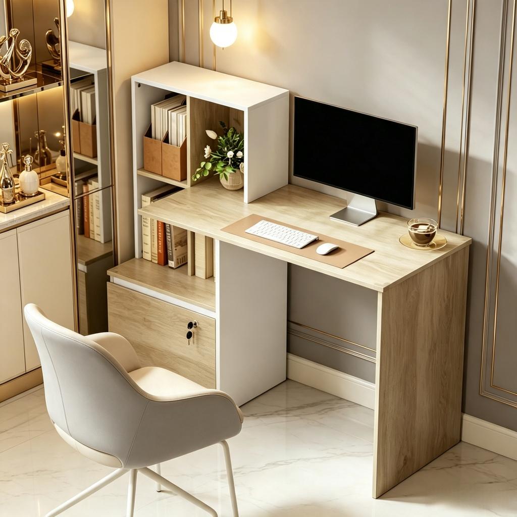 Computer Desk with Bookcase and 4 Compartments, Computer Table with Lockable Drawer for Home Office (only with computer table)