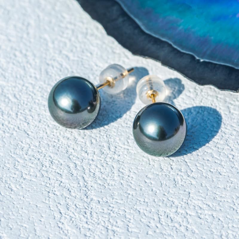 Genuine 10-11mm Tahitian Black Pearl Earrings for Women, AAAA Handpicked Natural Black Pearl Stud Earrings with 18K Gold Earring Posts, Luxury
