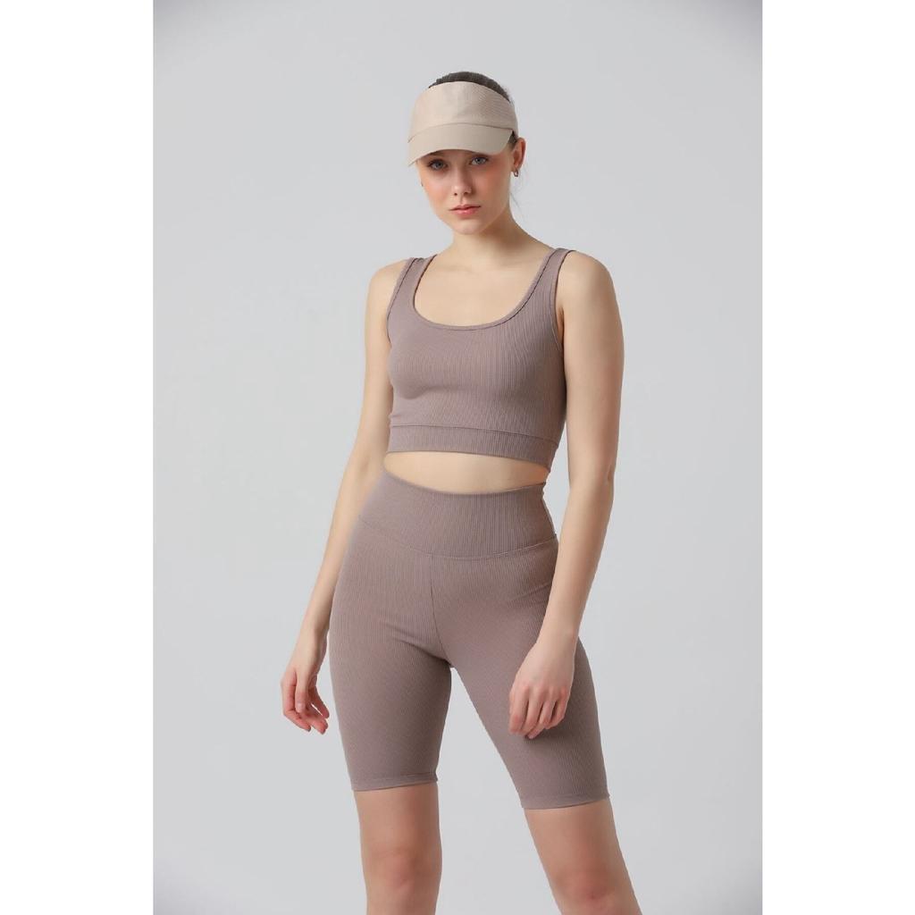 Black Comfortable Flexible Ribbed Sports Bra - Biker Tights Set