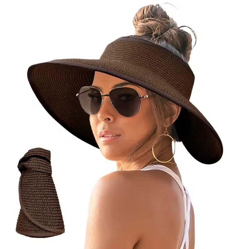Straw Hat Women Foldable Visor Hats,Sun Visors for Women Wide Brim Straw Ponytail Summer Beach Hat