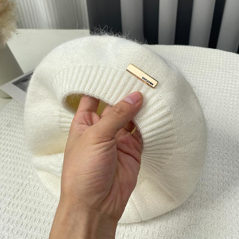 Rabbit Hair Beret Hat for Women Autumn Winter Korean Gray Painter Hats Retro Iron Logo Yarn Bud Caps
