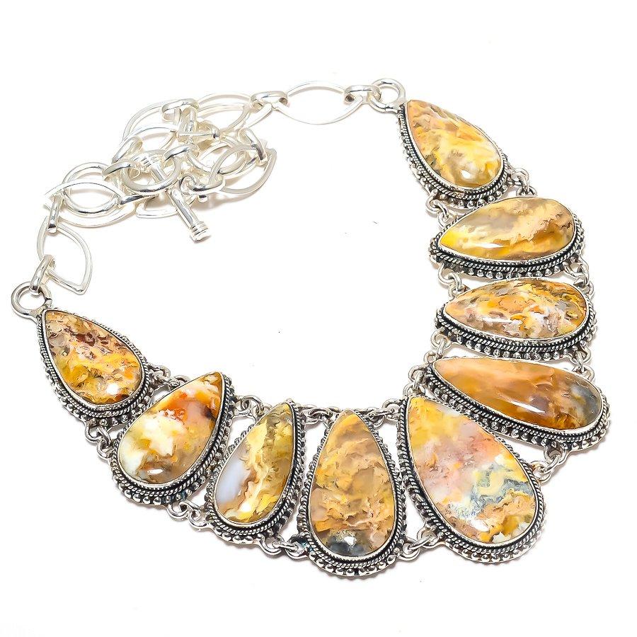 Plume Agate Gemstone Handmade Ethnic 925 Silver Necklace 18" JCN360-14