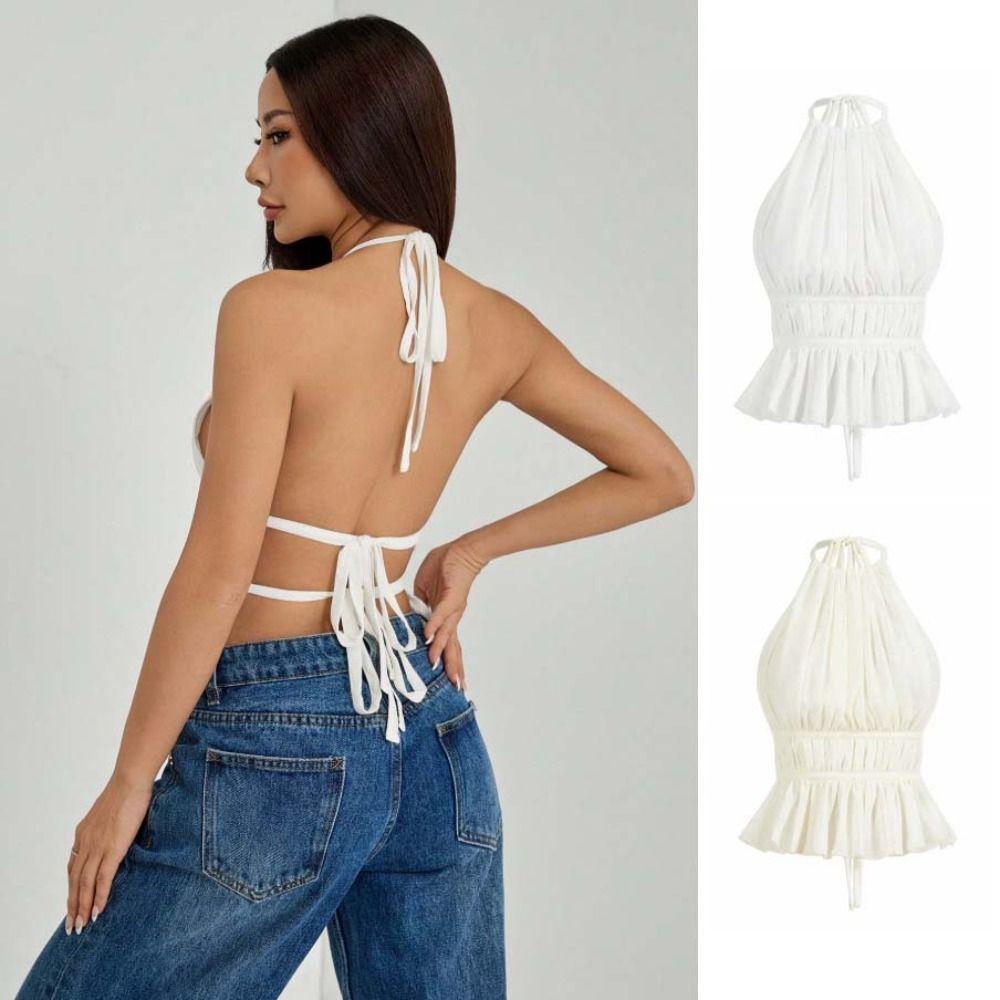 Halter Chiffon Vest Tops Pleated Women's Crop Top Ins Style Lace-up Camisole  Club