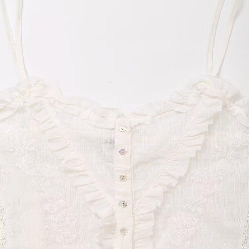 Fashion Style 2024 Autumn New Women's Clothing Embroider Cotton Plaid French Strap Tops 0881073