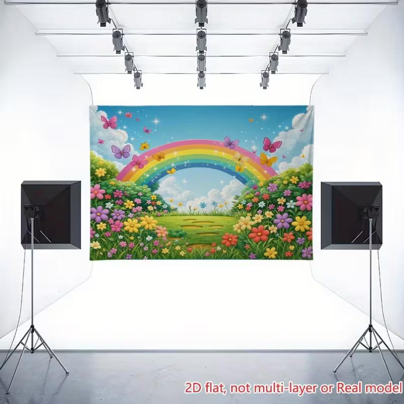 2D Fairy Tale Garden Backdrop, Sparkling Rainbow with Flowers and Butterflies Background for Nursery & Kids Photos