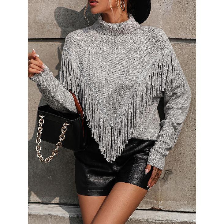 2024 Осень и зима Новый европейский и американский женский свободный однотонный вязаный свитер с кисточками и высоким воротом