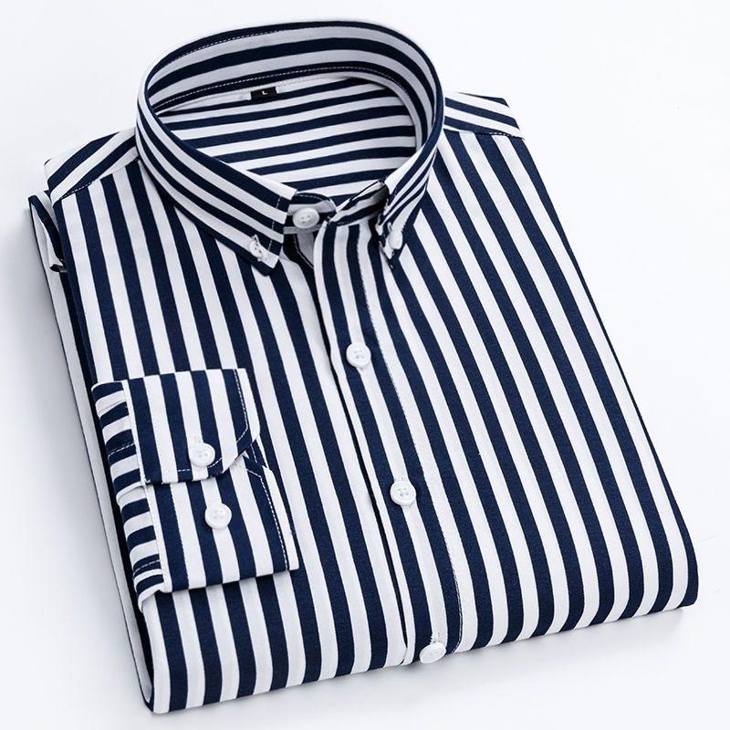 Мужские рубашки в полоску с длинным рукавом в клетку Smart Casual Business Не гладить Корейский приталенный крой Официальная сине-белая