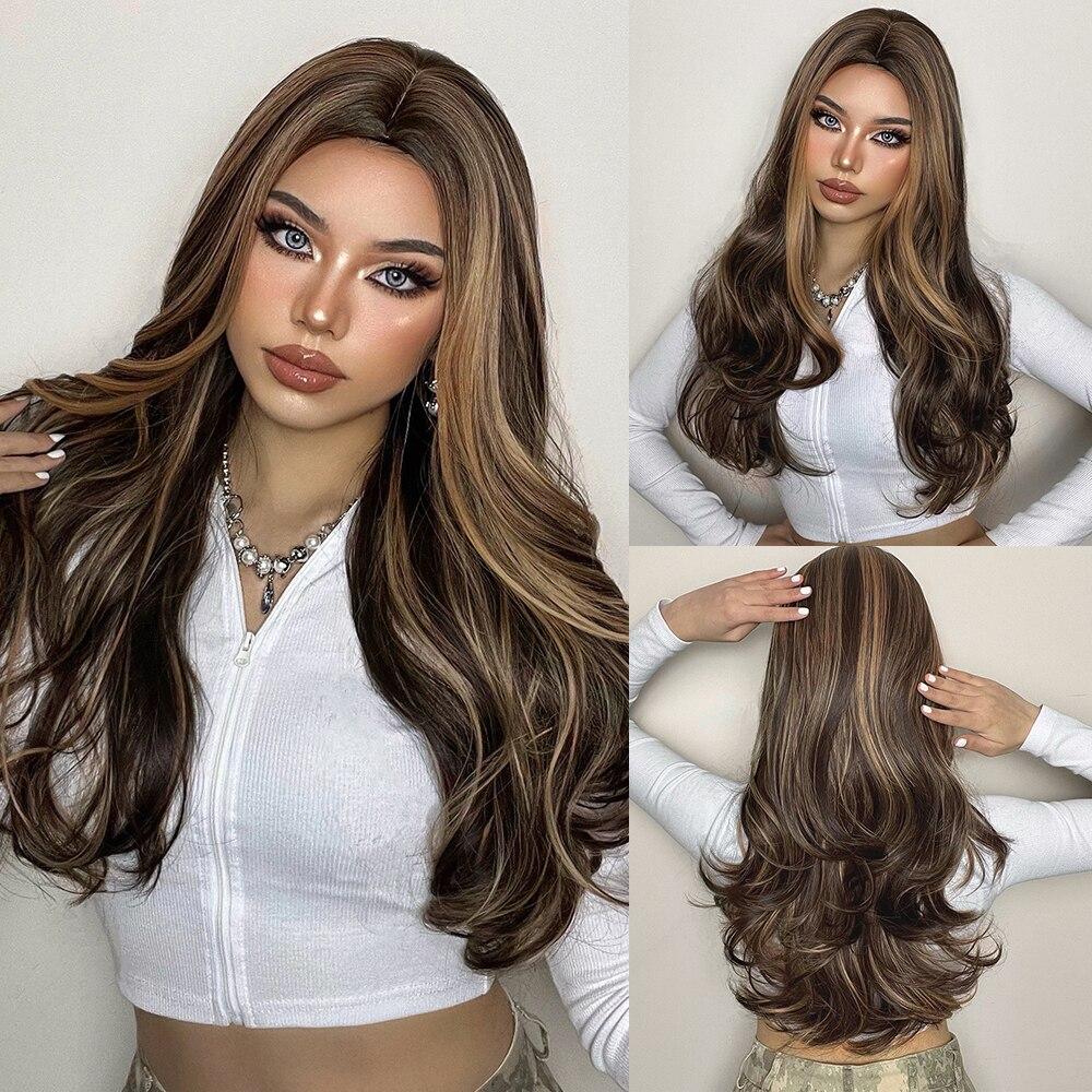 ALAN EATON Long Black Wavy Synthetic Wigs for Black Women Long Natural Wigs With Bangs Heat Resistant Daily Cosplay Fake Hair Wig