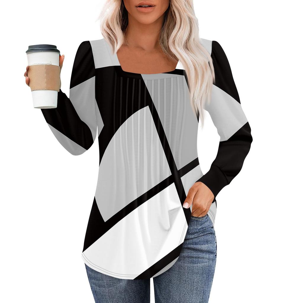 Рубашки с длинным рукавом для женщин, топы, нарядные повседневные блузки, плиссированные туники с квадратным вырезом