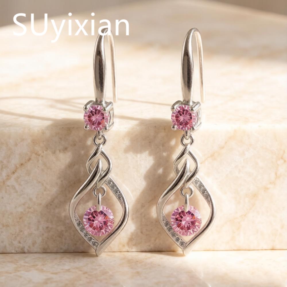 925 Silver Fashion Temperament Hollow Geometric Pink White Blue Zircon Earrings Birthday Party Anniversary Gift