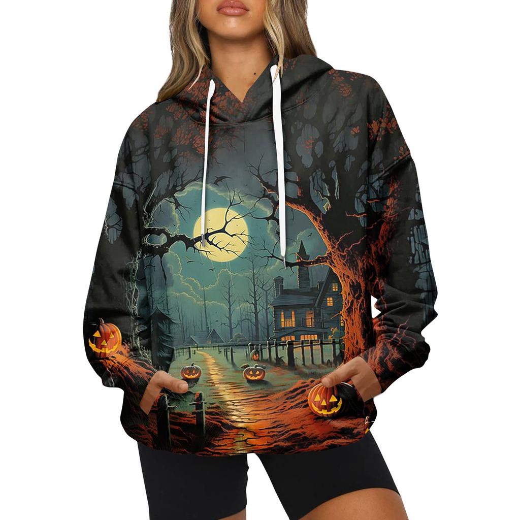 Женская модная повседневная толстовка с капюшоном и принтом на Хэллоуин с длинными рукавами