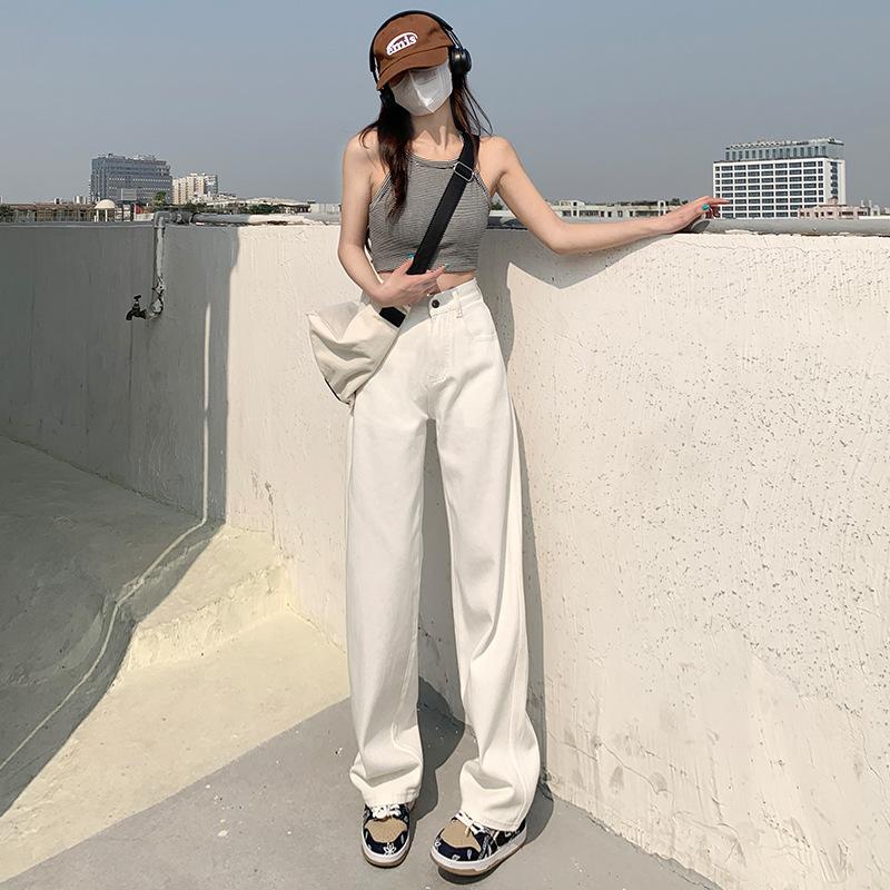 Wide-leg jeans women's spring and autumn new straight loose high waist drape thin white floor pants tide