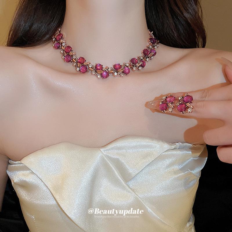 Винтажный набор ожерелья и браслета с цветком из стразов - Элегантная французская цепочка для ключицы на осень/зиму