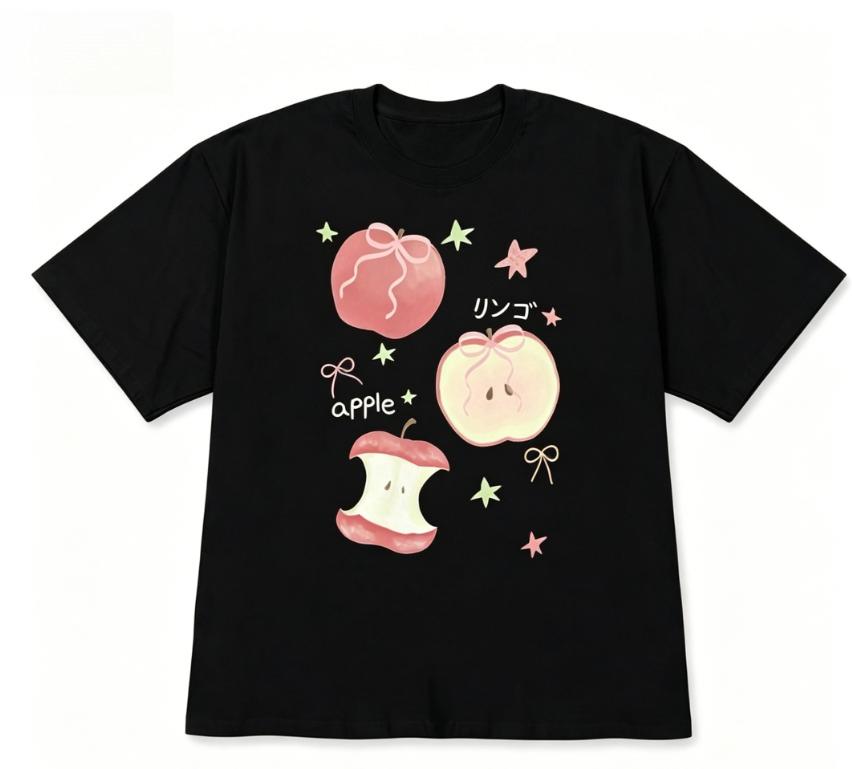 Black Short Sleeve Tshirt Cute Apple Print Crew Neck Tee Kawaii Graphic Casual Streetwear Top Korean Aesthetic Sweet Top Unisex