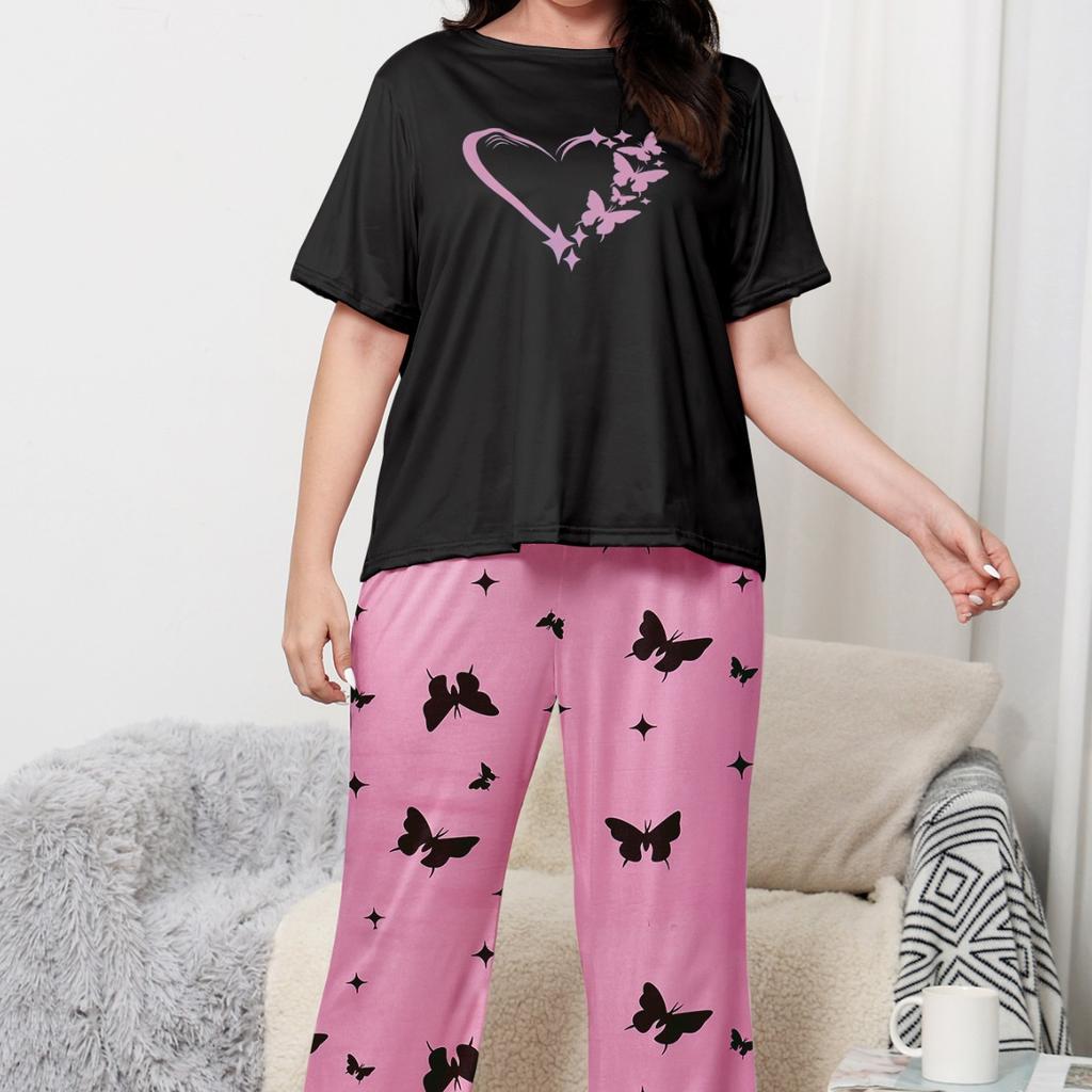 Summer Thin Pajamas Women's Short-sleeved Trousers Suit Plus Size Leisure Loose Round Neck Homewear