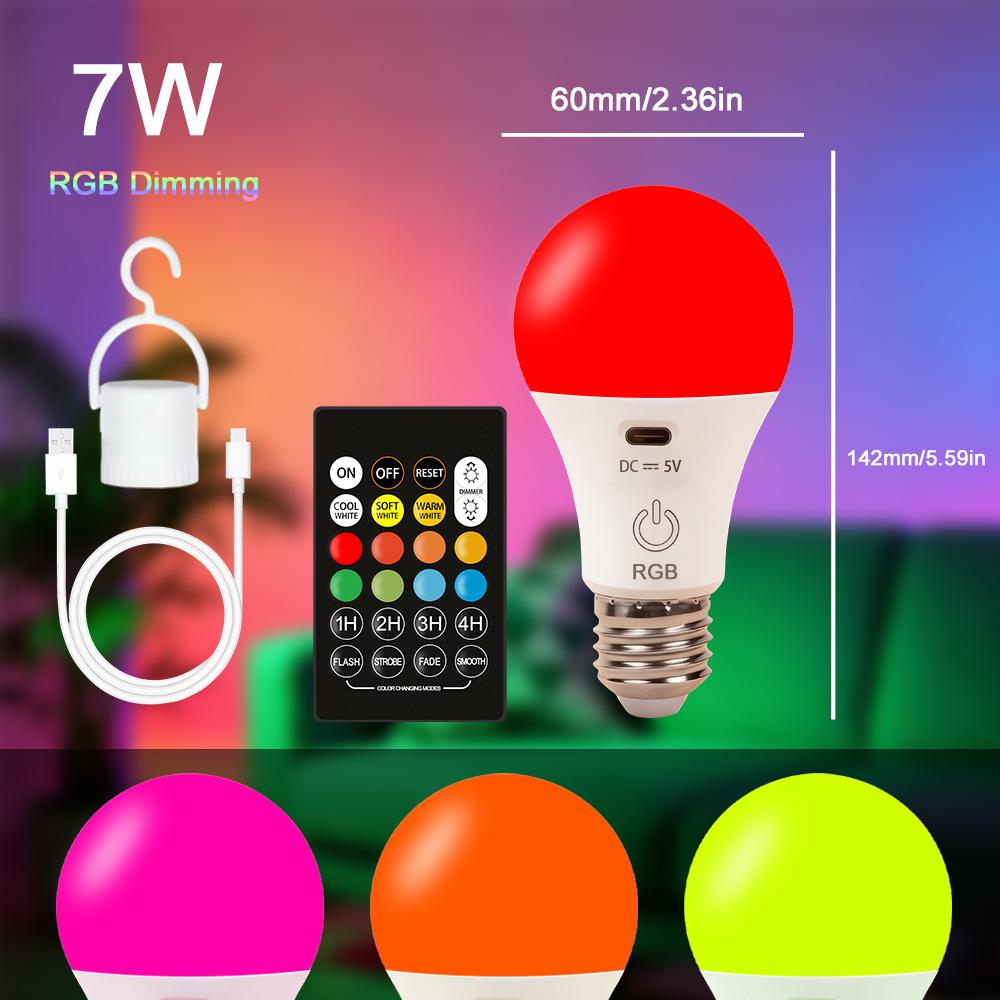 RGB/3 Color USB Led Bulb Rechargeable Light Bulb Smart Bulb Dimmable E27 Bulbs with Timing Cordless Battery Operated Light Bulb