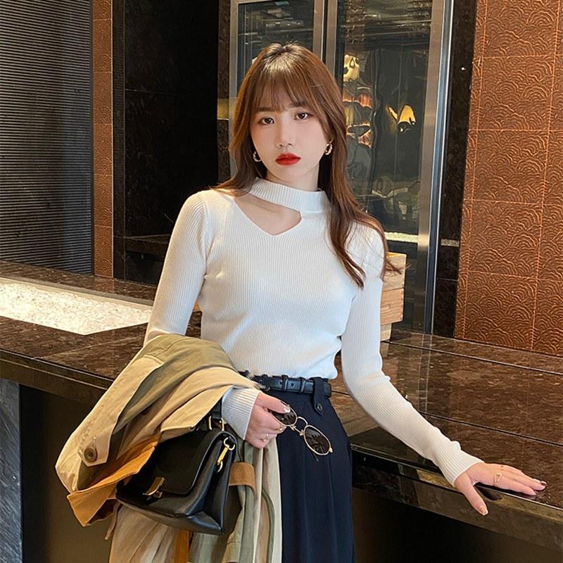Весенне-осенний женский свитер с бретелькой на шее, однотонный однотонный вязаный топ с длинным рукавом, тонкий низ