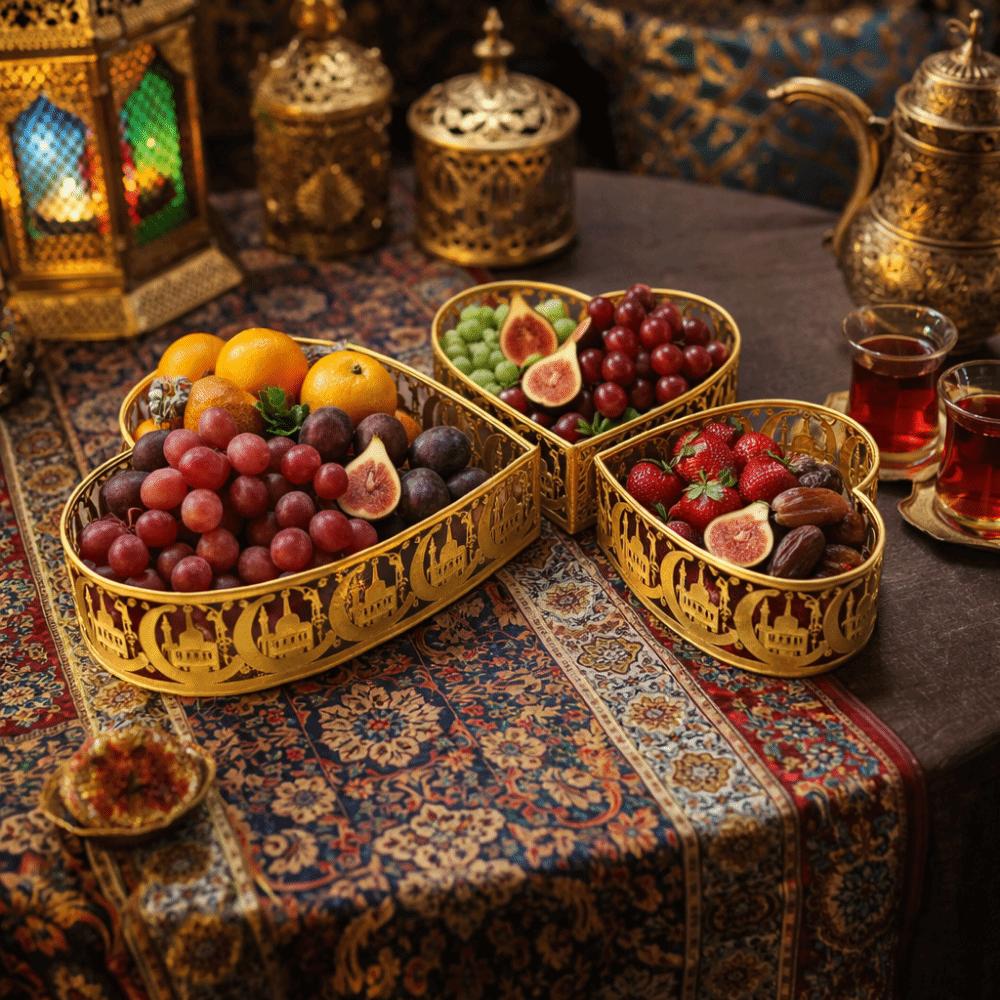 3Pcs Gold Color Ramadan Festival Art Tray Elegant Eid Candy Dish  Islamic Holidays