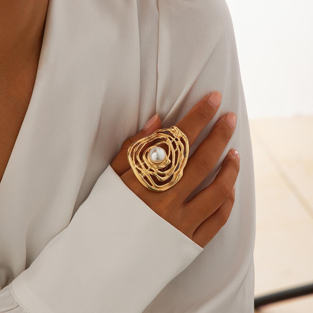 Женские модные ювелирные изделия, овальные кольца с геометрическим рисунком, креативные регулируемые кольца на палец с искусственным жемчугом, винтажные подарки для вечеринки