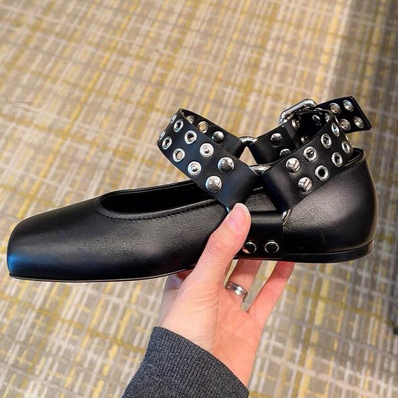 Мода Мода Квадратный носок Клепка Металлическая пряжка Женские балетки Удобная Мягкая кожа Мэри Джейн Лодочки Лоферы Повседневная ленивая обувь