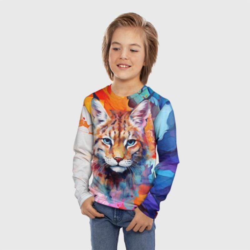 Children's Cartoon Animal Kitten Print Multi-color Print T-shirts Boys Cute Long Sleeved Soft Comfortable Top