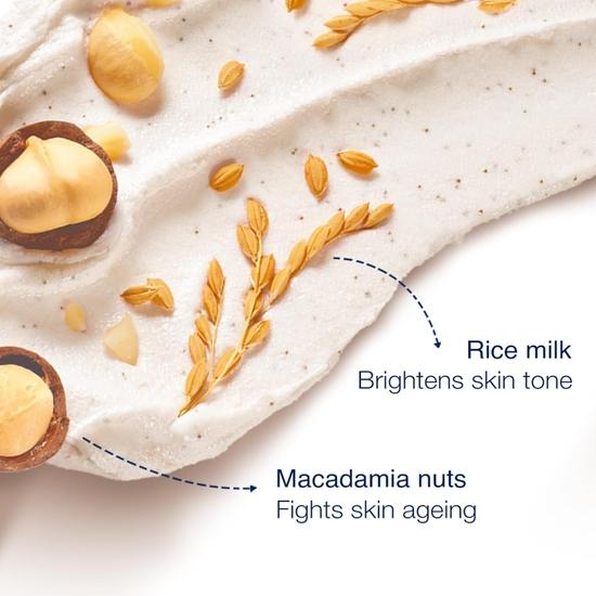 DOVE Полироль для тела для отшелушивания и питания кожи с измельченной макадамией и рисовым молоком | Для сияющей и мягкой кожи | Без сульфатов | 100 г