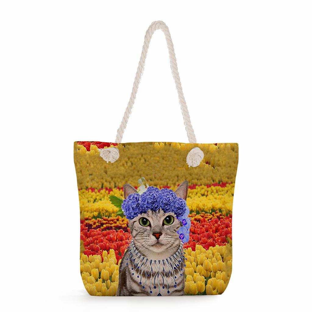 Cat print thick rope single-shoulder beach bag 7266 CLE