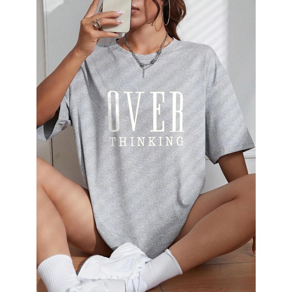 Over Thinking Letter Print Женские хлопковые топы с коротким рукавом и дышащим винтажным круглым вырезом Повседневные футболки Женская футболка Одежда