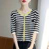 Женская летняя футболка с коротким рукавом в полоску из бамбукового трикотажа, новая европейская модель, V-образный вырез, цветная блочная вставка, модная, с темпераментом, пуловер, тонкий стиль