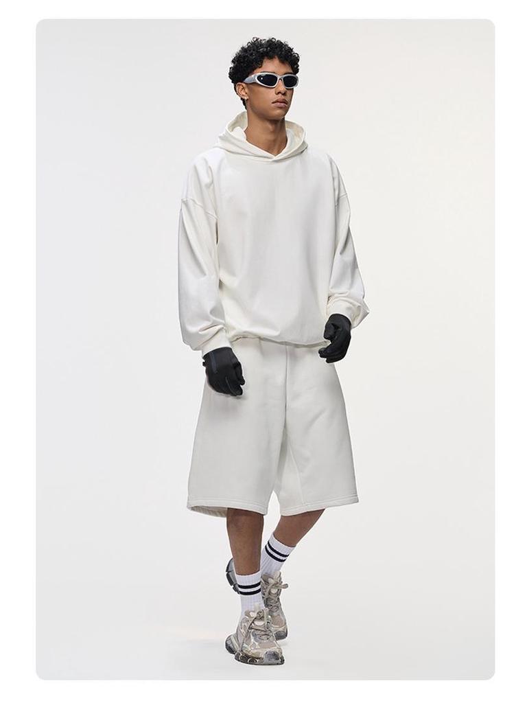 DE Men's Moleskin Twill Hoodie: Boxy Short Wide 420G Sweatshirt with Adjustable Hem Drawstring, American Style