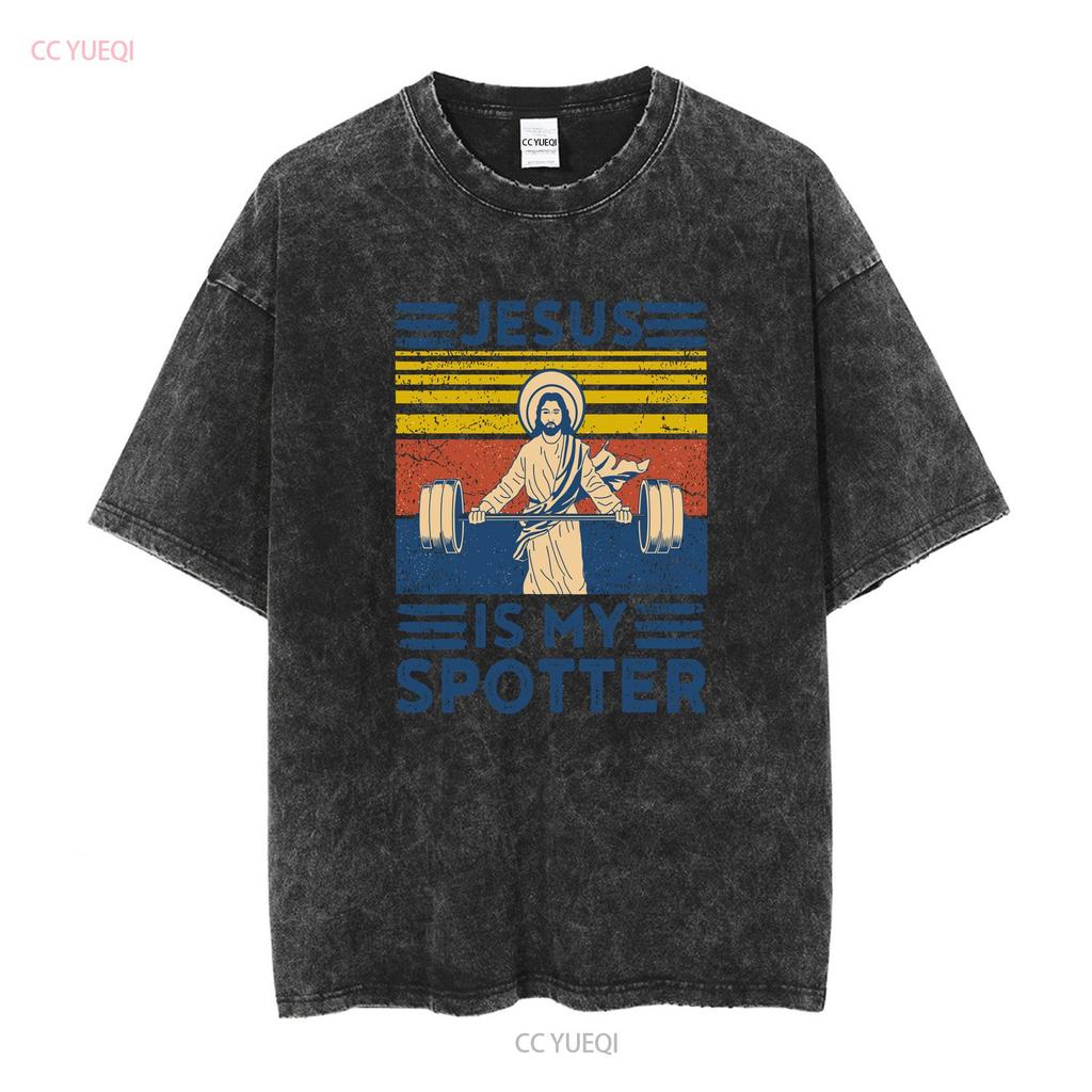 Rare New Funny Gym T Shirt Jesus Is My Spotter Workout vintage Washed fashion Breathable Casual Soft designer clothes