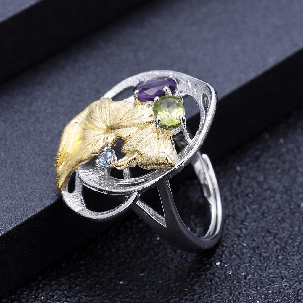 Оригинальное дизайнерское высококачественное кольцо с яркими драгоценными камнями, регулируемое кольцо в естественном стиле из стерлингового серебра 925 пробы с натуральным драгоценным камнем